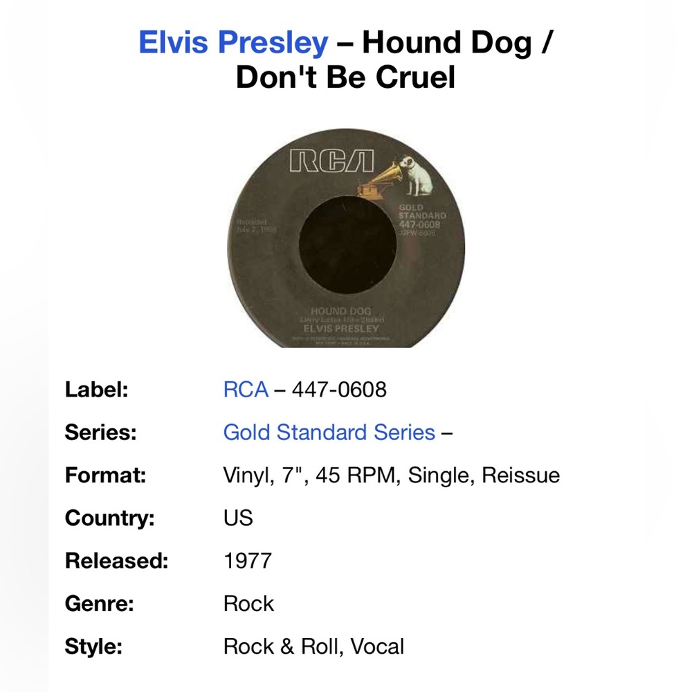 Elvis 45 Rpm vinyl: don't be cruel/hound dog vintage 50s new condition
